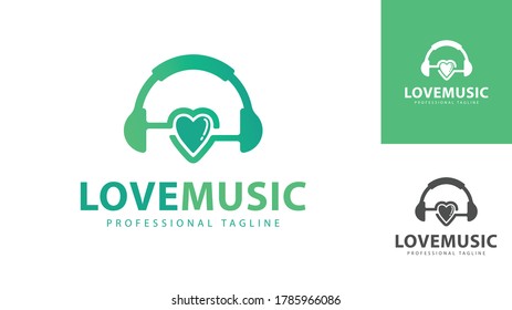 Diseño del logotipo de auriculares combinado con amor. vector