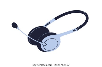 Headset with microphone for audio communication. Cordless wireless headphones, head set with mic. Hands-free call gadget. Sound device, accessory. Flat vector illustration isolated on white background