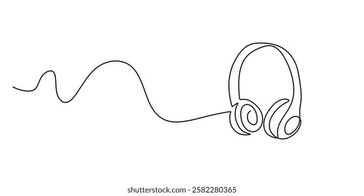 Headset with a microphone in continuous line drawing. Representation of audio communication, customer support, and online meetings. Vector illustration hand drawn.