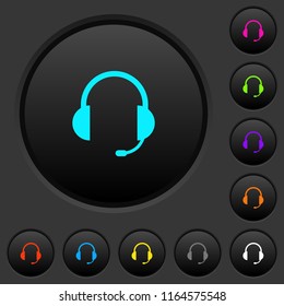 Headset with microphone dark push buttons with vivid color icons on dark grey background
