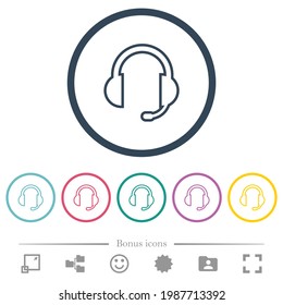Headset with microphone flat color icons in round outlines. 6 bonus icons included.