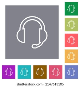 Headset with microphone flat icons on simple color square backgrounds