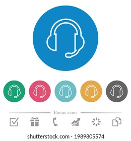Headset with microphone flat white icons on round color backgrounds. 6 bonus icons included.