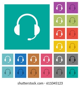 Headset with microphone multi colored flat icons on plain square backgrounds. Included white and darker icon variations for hover or active effects.