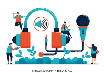 Headset and microphone for radio recording, multimedia production podcast, customer service and telemarketing, studio music equipment for broadcast. Illustration of website, banner, software, poster