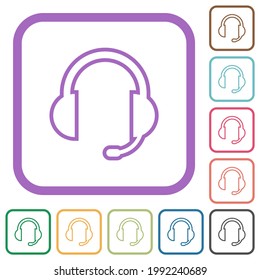 Headset with microphone simple icons in color rounded square frames on white background