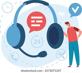 Headset with microphone and speech bubble representing online support and customer service operator ensuring 247 availability for technical assistance and problem solving