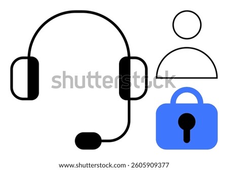 A headset with a microphone, a user profile icon, and a padlock symbol in blue ideal for customer service, user support, security, communication, and privacy protection. Simple and clean design