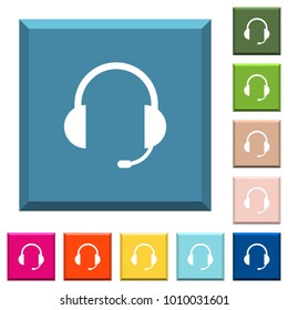 Headset with microphone white icons on edged square buttons in various trendy colors