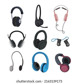 headset music headphone, sound earphone, dj audio speaker, ear head listen cartoon icons set vector illustrations