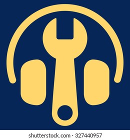 Headset Options vector icon. Style is flat symbol, yellow color, rounded angles, blue background.