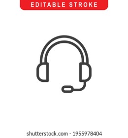 Headset Outline Icon. Customer Service Line Art Logo. Vector Illustration. Isolated on White Background. Editable Stroke