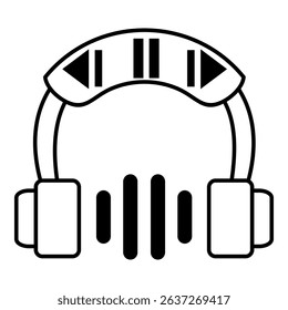Headset with play, pause, and rewind buttons, symbolizing audio control, music playback, and digital media interface icon design vector symbol illustration.