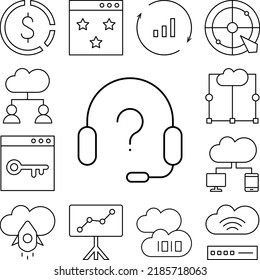 Headset, question mark, SEO icon in a collection with other items