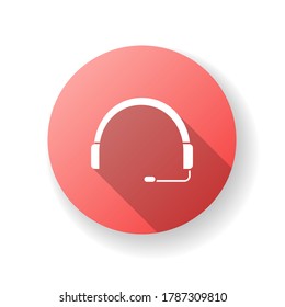 Headset red flat design long shadow glyph icon. Headphones for operator. Online customer support service. Helpline to assist client. Earphones with microphone. Silhouette RGB color illustration