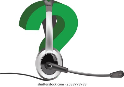 Auriculares que descansan sobre un signo de interrogación verde vibrante, que simboliza la resolución de problemas, la Asistencia al cliente y la asistencia