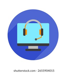 Headset arredondado cor plana, ícone mini ilustração. use para conceito moderno, impressão, UI, kit UX, web e desenvolvimento de aplicativos. Vetor relacionado ao trabalho remoto, trabalho em casa.