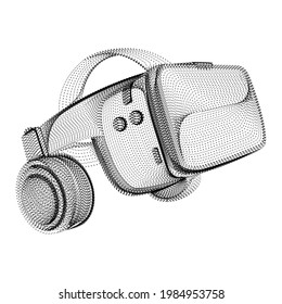 Headset silhouette consisting of black dots and particles. 3D vector wireframe of a virtual reality helmet with a grain texture. Video game device icon with abstract dotted structure isolated on white