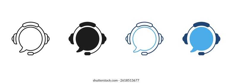 Headset With Speech Bubble Icon Set. Customer Support, Communication, Call Center Service Outline and Silhouette Symbol Collection. Technical Assistance And Help Desk. Isolated Vector Illustration.
