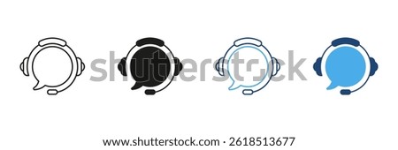 Headset With Speech Bubble Icon Set. Customer Support, Communication, Call Center Service Outline and Silhouette Symbol Collection. Technical Assistance And Help Desk. Isolated Vector Illustration.