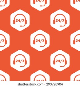Headset and text 24 per 7 in white hexagon, repeated on orange background