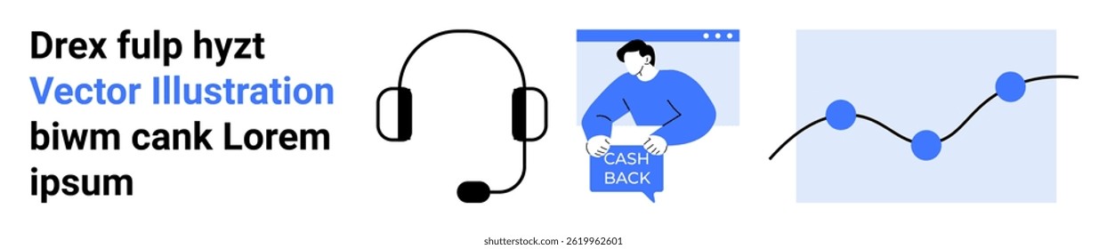 Headset, user in browser clicking cashback, graph with data points, text elements. Ideal for digital marketing, customer service, financial planning, data analysis, web development, e-commerce