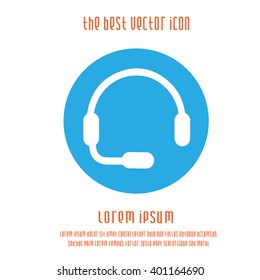 Headset vector icon. Earphones with microphone round blue white simple isolated sign symbol.