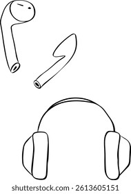 Headset white background. Wireless audio ear headphone illustration. Headphones vector graphic line ink illustration. Listen audio electronic device. For logo, web, package, sticker.