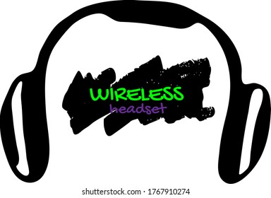 Headset wireless black doodle on a white background. Vector cartoon illustration.