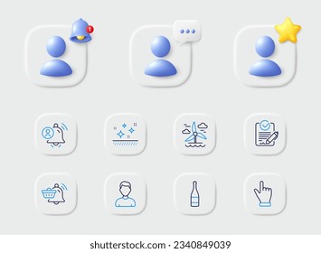 Headshot, Click hand and Clean skin line icons. Placeholder with 3d star, reminder bell, chat. Pack of Notification cart, Champagne bottle, Windmill icon. Rfp, User notification pictogram. Vector