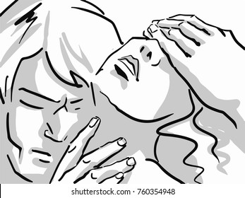 Headshot of lovers. Black and white vector sketch. Simple drawing.