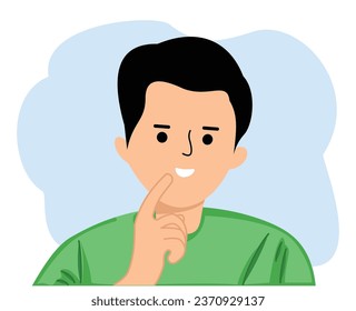 headshot portrait of thoughtful pensive young man holding finger on lips looking upward against