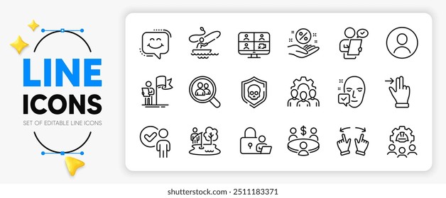 Headshot, trabajo de Equipo y mover los iconos de línea de gestos establecidos para el App Video incluyen cara aceptada, conferencia, icono delgado de contorno de gesto de pantalla táctil. Porcentaje de préstamo, chat de sonrisa, icono de pictograma de reunión. Vector
