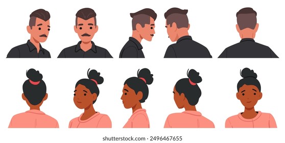 Las Capturas De Cabeza Del Hombre Y La Mujer Se Muestran En Varios Ángulos. El Personaje Masculino Tiene Un Bigote Y El Cabello Corto, Mientras Que La Hembra Tiene El Cabello Atado En Un Moño. Hombre y mujer con expresiones faciales neutras