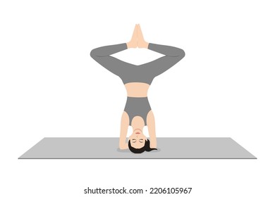 Headstand Pose Bound Angle Legs. Beautiful girl practice Salamba Sirsasana Baddha Konasana. Young attractive woman practicing yoga exercise. working out, black wearing sportswear, grey pants and top