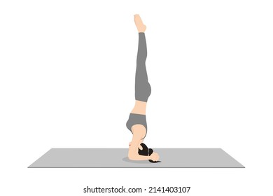 Headstand Pose, Sirsasana, Sirasana. Beautiful girl practice Salamba Sirsasana. Young attractive woman practicing yoga exercise. working out, black wearing sportswear, grey pants and top, indoor full