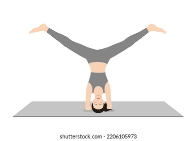 Headstand Pose Wide Legs. Beautiful girl practice Salamba Sirsasana Konasana,. Young attractive woman practicing yoga exercise. working out, black wearing sportswear, grey pants and top, indoor full