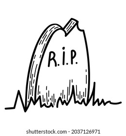 Headstone in the cemetery for Halloween. Doodle symbol of holiday horror drawn by line. Terrible gravestone. Black outline vector element. The grave of the deceased. Day of the Spirits.