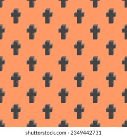 Headstone crosses on an orange background. Seamless pattern, vector illustration