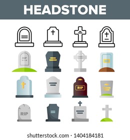 Headstone, Gravestone, Tombstone Vector Color Icons Set. Headstone, Granite Grave, Cross Linear Symbols Pack. Christian Burial Tradition. Cemetery, Graveyard Isolated Flat Illustrations