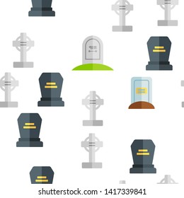 Headstone, Gravestone, Tombstone Vector Color Icons Seamless Pattern. Headstone, Granite Grave, Cross Linear Symbols Pack. Christian Burial Tradition. Cemetery, Graveyard Illustration