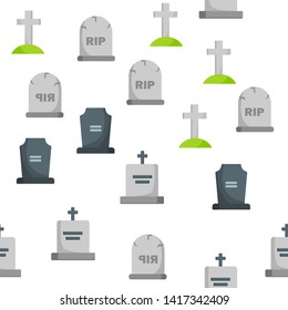 Headstone, Gravestone, Tombstone Vector Color Icons Seamless Pattern. Headstone, Granite Grave, Cross Linear Symbols Pack. Christian Burial Tradition. Cemetery, Graveyard Illustration