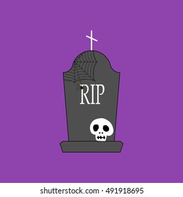 Headstone and skull on the purple background. Vector illustration