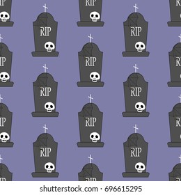 Headstone and skull pattern on the purple background. Vector illustration