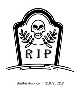 Headstone vector icon. Gothic gravestone with skull, flowers, rip text. Creepy cemetery grave. Black outline, simple sketch isolated on white. Clipart for Halloween decor, logo, apps, print svg