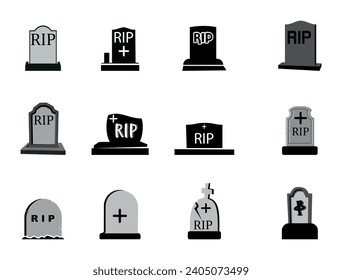 Headstone Vector Illustration Set With Clip Art White Background And Hard Hat Isolated Symbol. Horror Gravestone Dead Place, Headstone Horror Die, Christian Ghost Grave Silhouette.