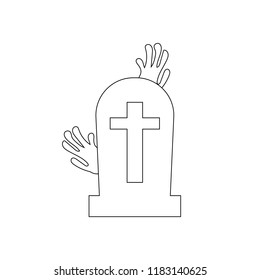 Headstone and zombie hands
