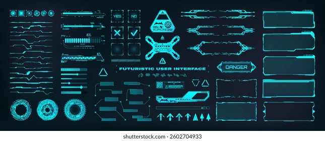 Heads-Up Display, futuristic user interface for Games, UI, UX, KIT. Futuristic HUD panels notifications, loading bars, buttons, arrows, callouts, frames. UI, HUD interface for dashboard. Vector set