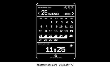 Heads-up Display (HUD) Of Digital Calendar And Digital Clock. Graphic Image Of Digital Calendar And White Digital Clock Against Black Background.