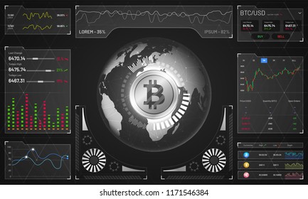 Head-up display of a bitcoin trading platform, cryptocurrency exchange platform concept. 